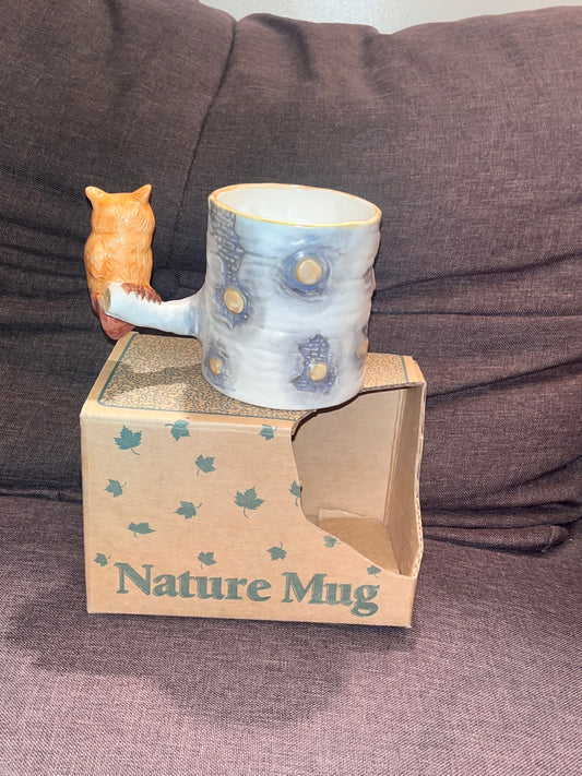 1993 Bergschrund Nature Mug Owl Tree Trunk Cup Hand Painted Ceramic w/box Vinta
