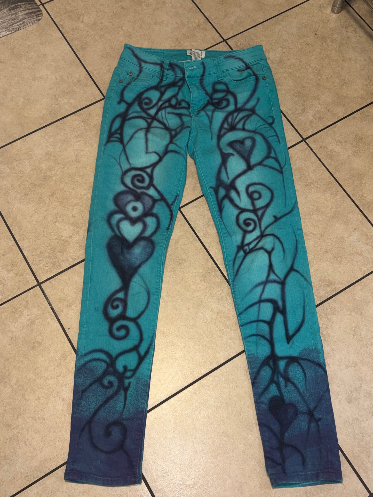 Y2K Celebrity Pink Airbrushed Gothic Heart Spiderweb Skinny Jeans Emo Tattoo