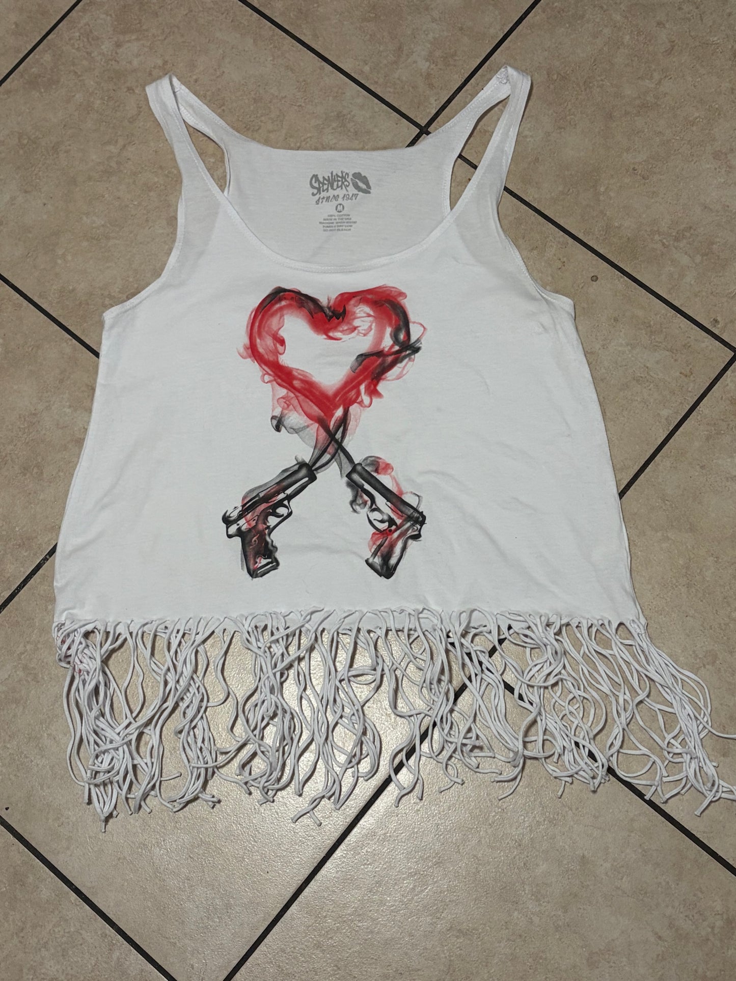 Y2K Spencer’s Guns Heart Fringe Tank Top Medium Emo Goth Crop