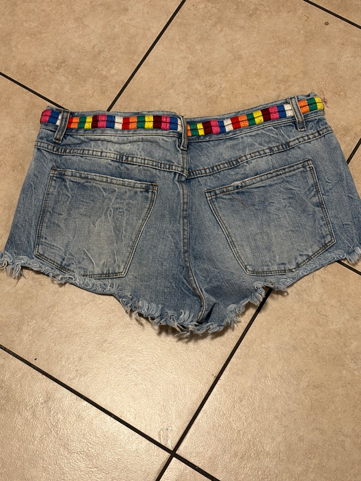 Free People Rainbow Waist Denim Shorts Y2K Festival Pride Boho Cutoffs 28