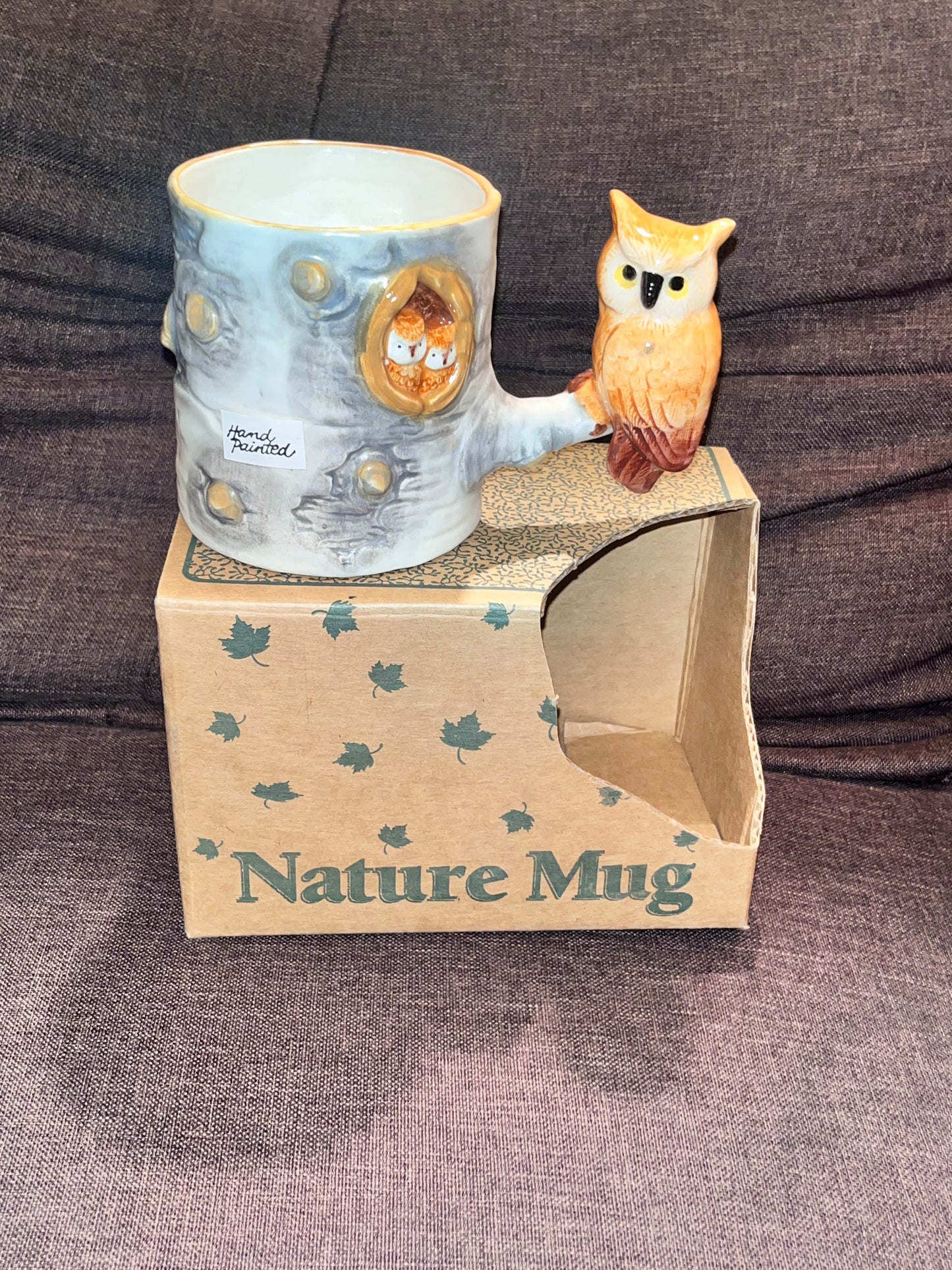 1993 Bergschrund Nature Mug Owl Tree Trunk Cup Hand Painted Ceramic w/box  Vinta