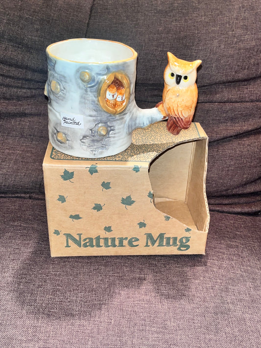 1993 Bergschrund Nature Mug Owl Tree Trunk Cup Hand Painted Ceramic w/box  Vinta
