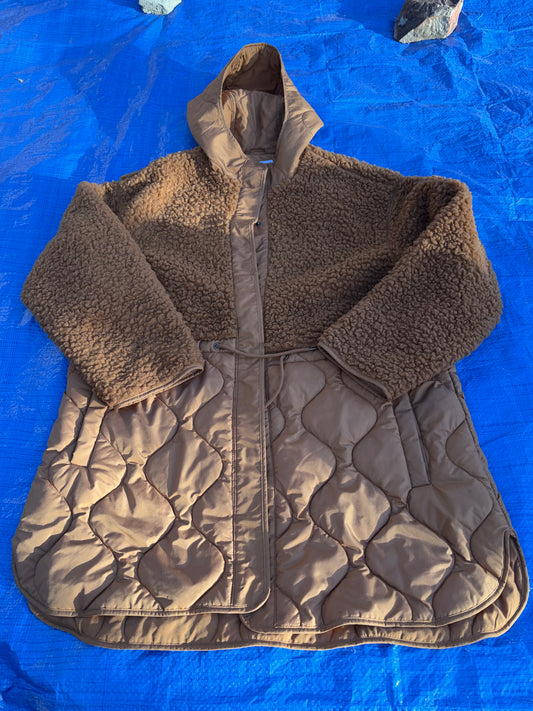 Old Navy Sherpa Fleece Quilted Parka Jacket Men’s XL Hooded Brown Winter Jacket