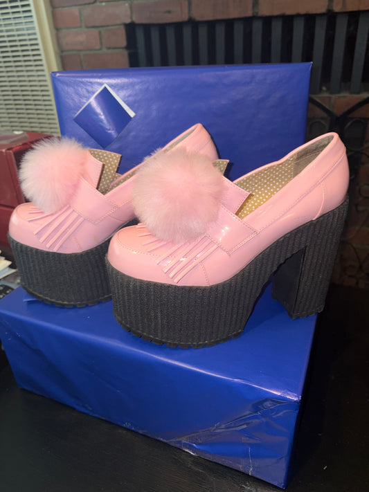 Sugarbaby Pink Platform Heels W/ Faux Fur Pom Pom-Chunky Lug Sole Women’s