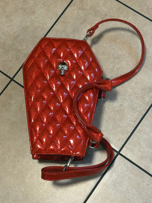 Evil Clothing Red Glitter Coffin Mini Backpack Goth Skull Purse Y2K