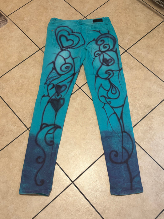 Y2K Celebrity Pink Airbrushed Gothic Heart Spiderweb Skinny Jeans Emo Tattoo