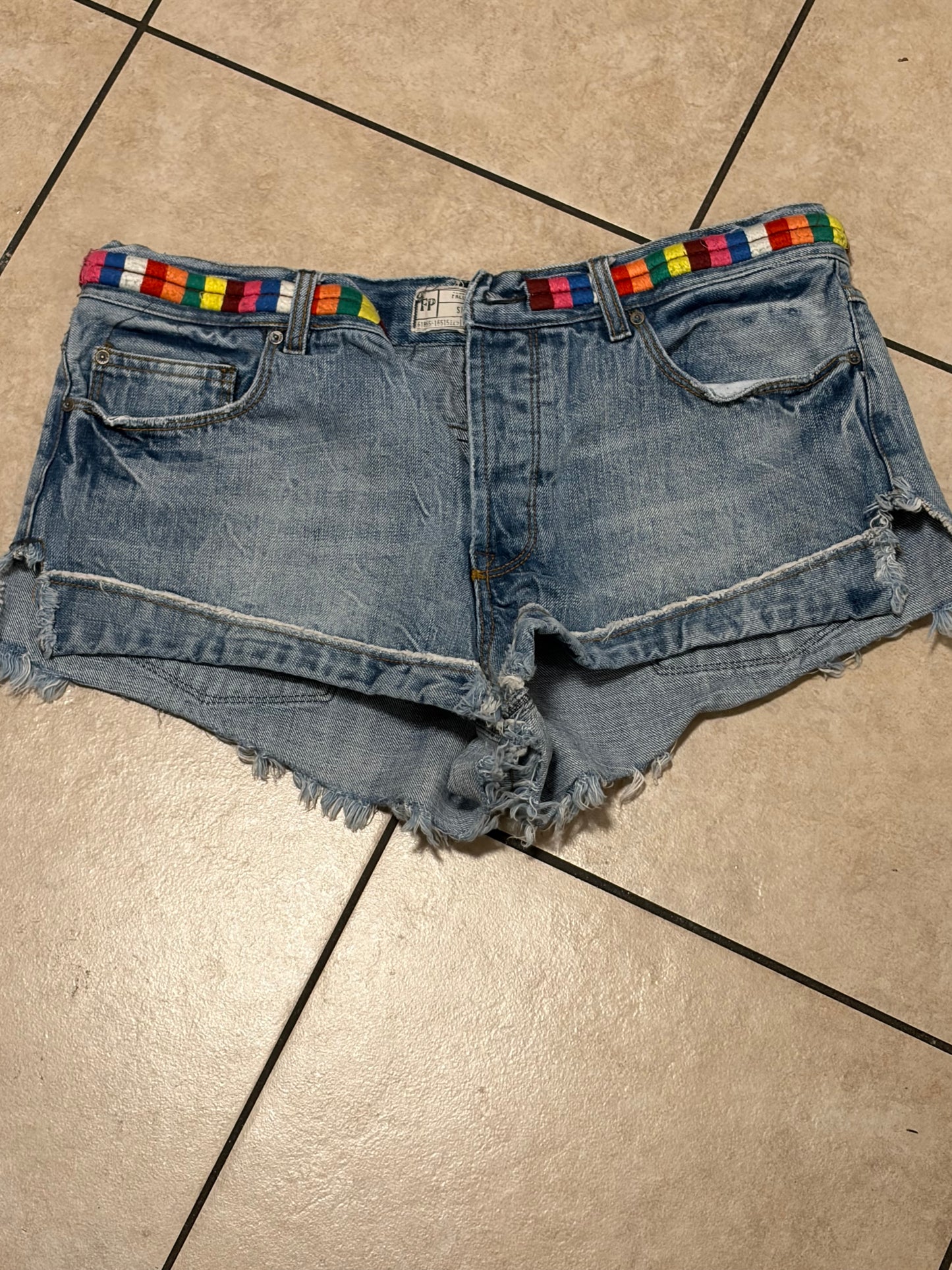 Free People Rainbow Waist Denim Shorts Y2K Festival Pride Boho Cutoffs 28