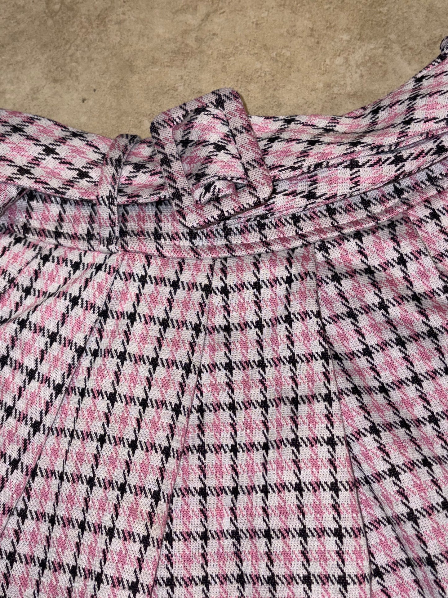 Just Polly Pink Houndstooth Pleated Mini Skirt Belted Preppy Y2K Coquette