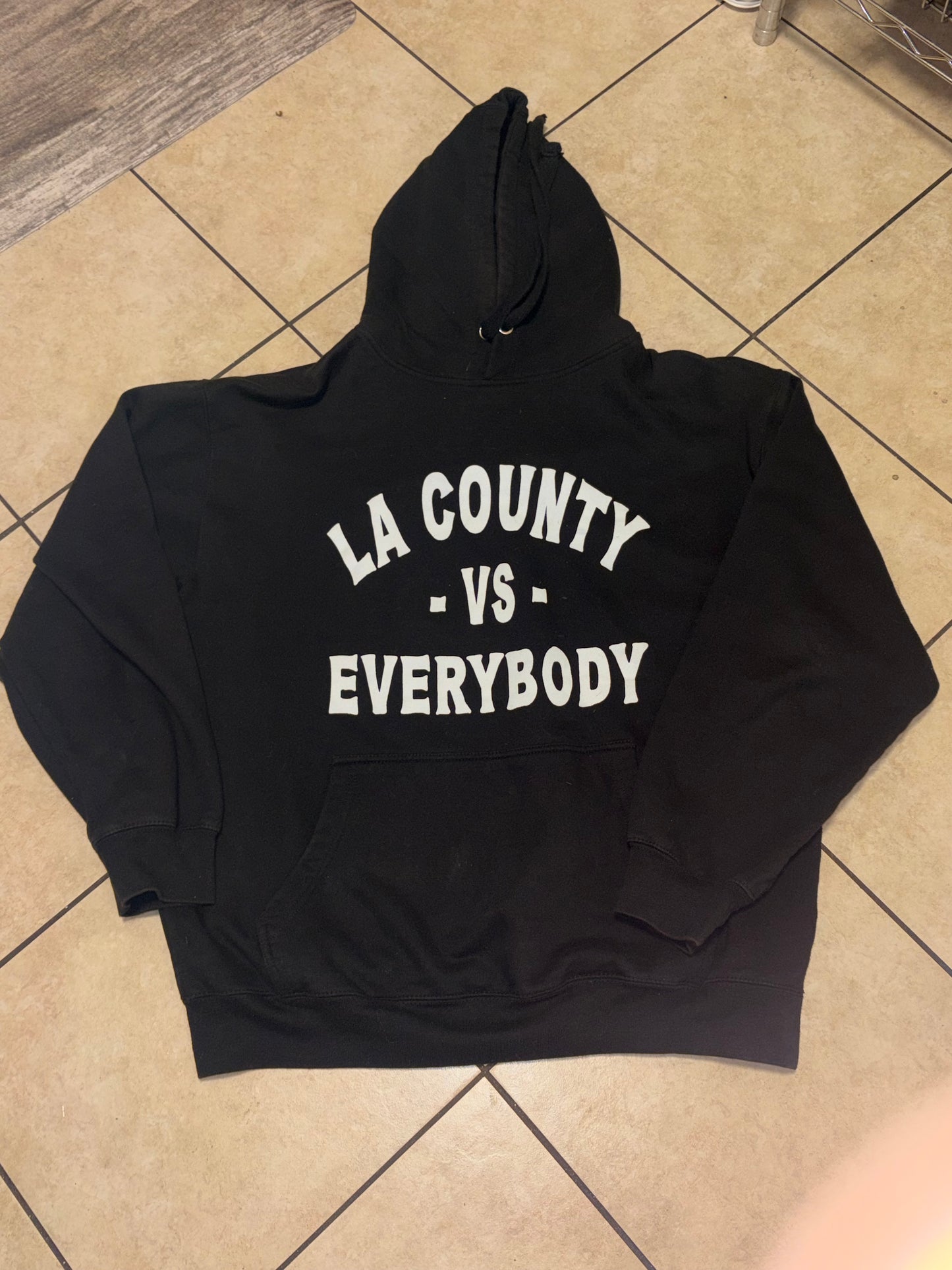 LA County vs Everybody Hoodie XL Black Streetwear Graphic Pullover Sweatshirt