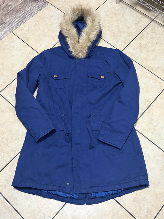 Joe Boxer Women’s Parka Jacket L Blue Faux Fur Hooded Long Winter Coat NWT