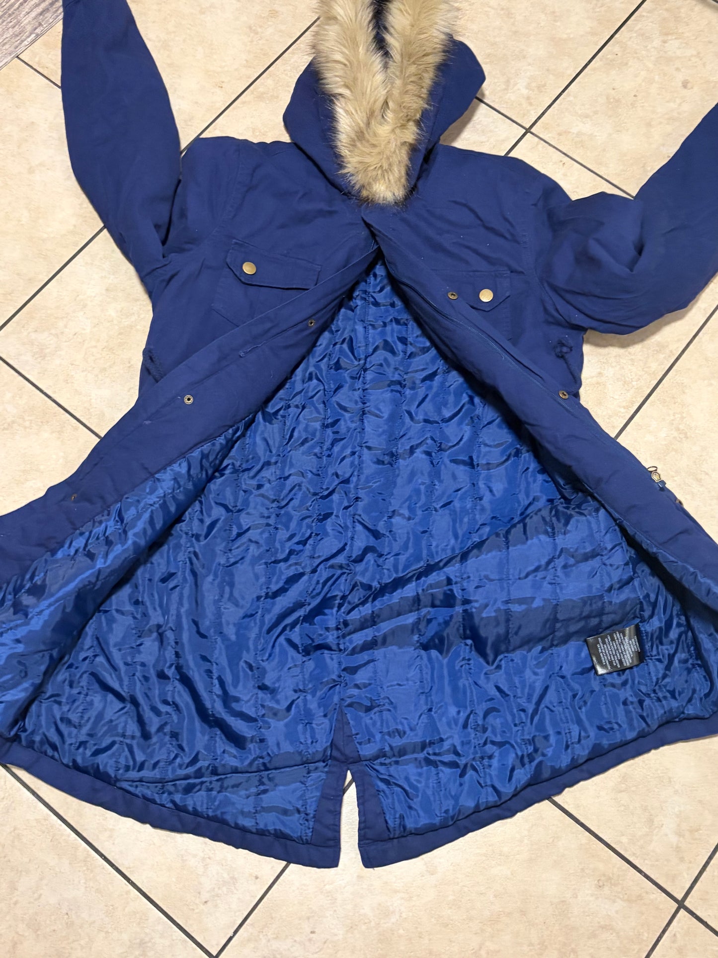 Joe Boxer Women’s Parka Jacket L Blue Faux Fur Hooded Long Winter Coat NWT