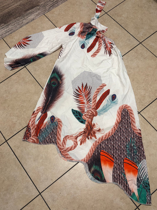 Boho One Shoulder Maxi Dress Peacock Feather Print Size Large Festival Beach