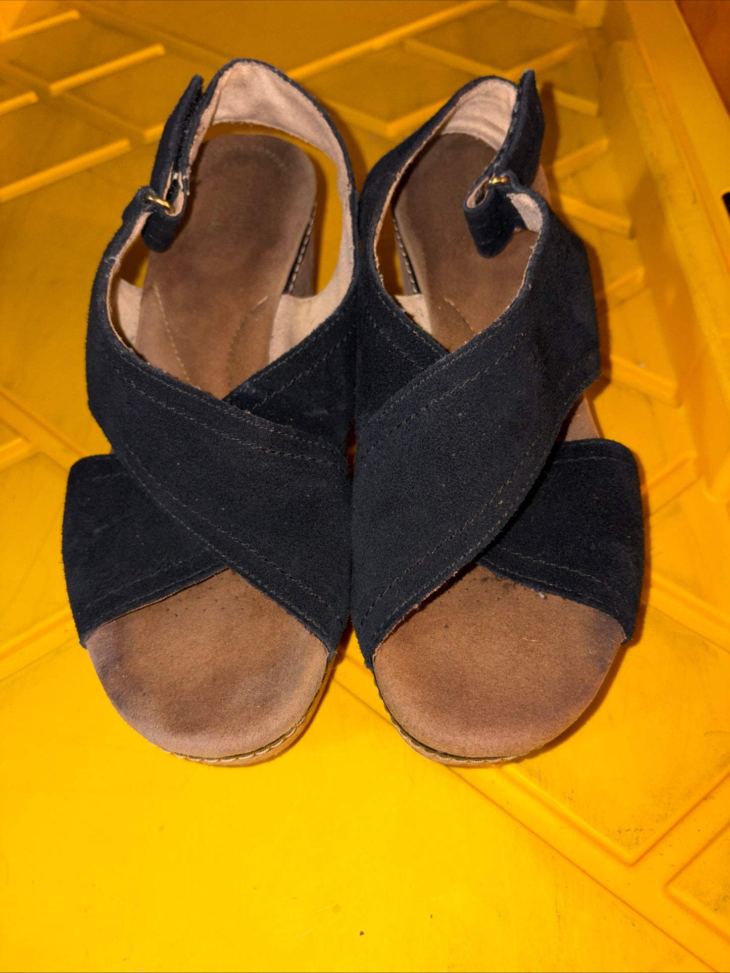 Clarks Ultimate Comfort Navy Suede Wedge Sandals Women’s Slingback Cork Heel