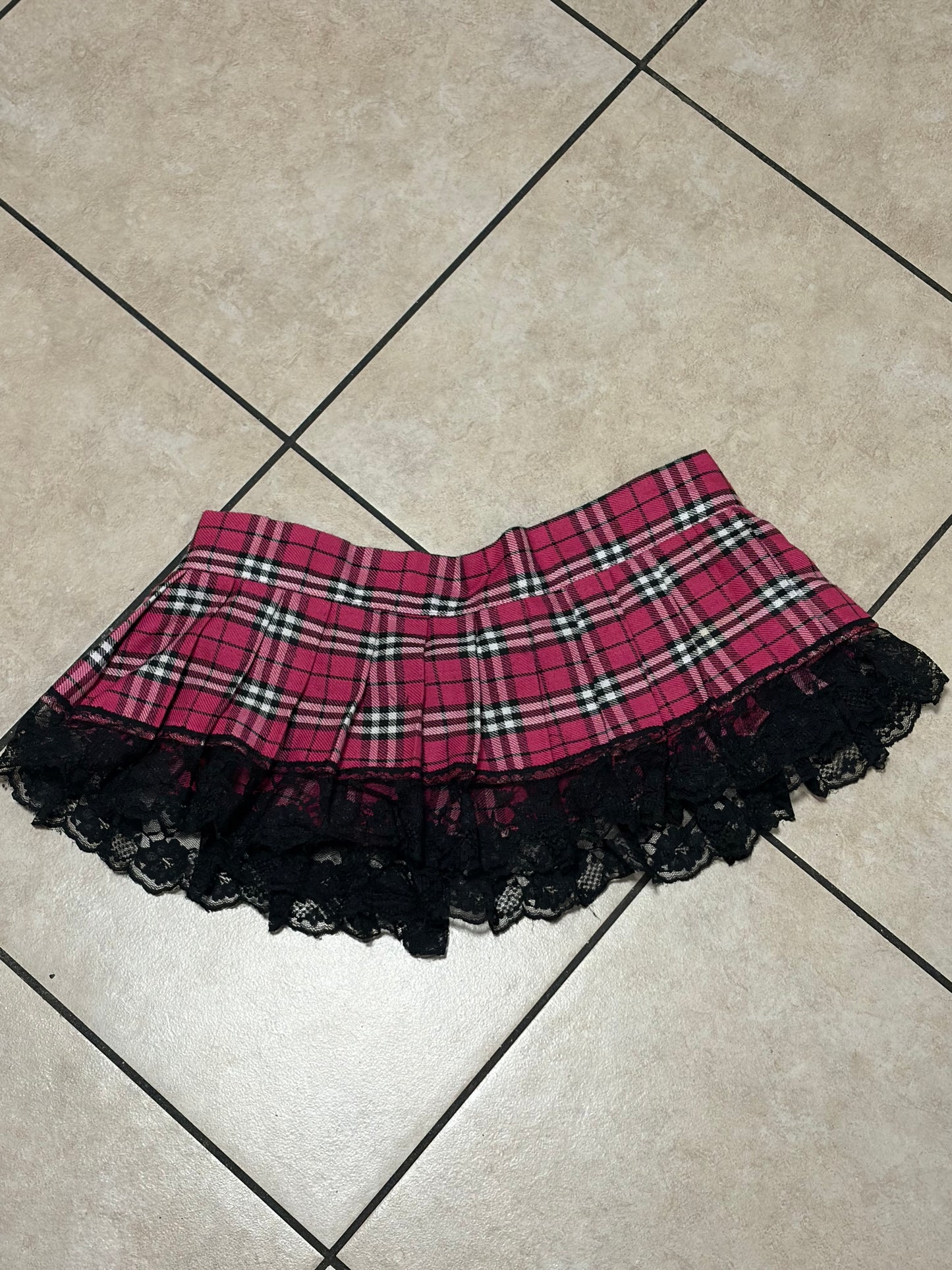 Hustler Y2K Pink Plaid Micro Mini Skirt Lace Trim Goth Punk Schoolgirl OS