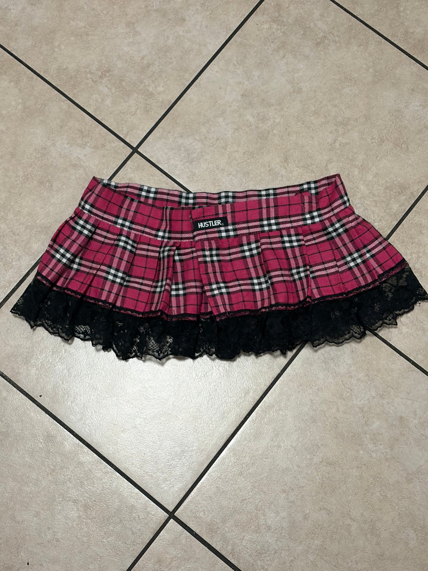 Hustler Y2K Pink Plaid Micro Mini Skirt Lace Trim Goth Punk Schoolgirl OS