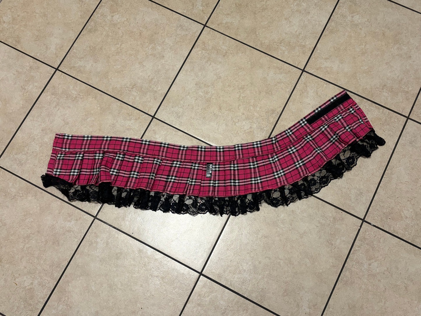 Hustler Y2K Pink Plaid Micro Mini Skirt Lace Trim Goth Punk Schoolgirl OS