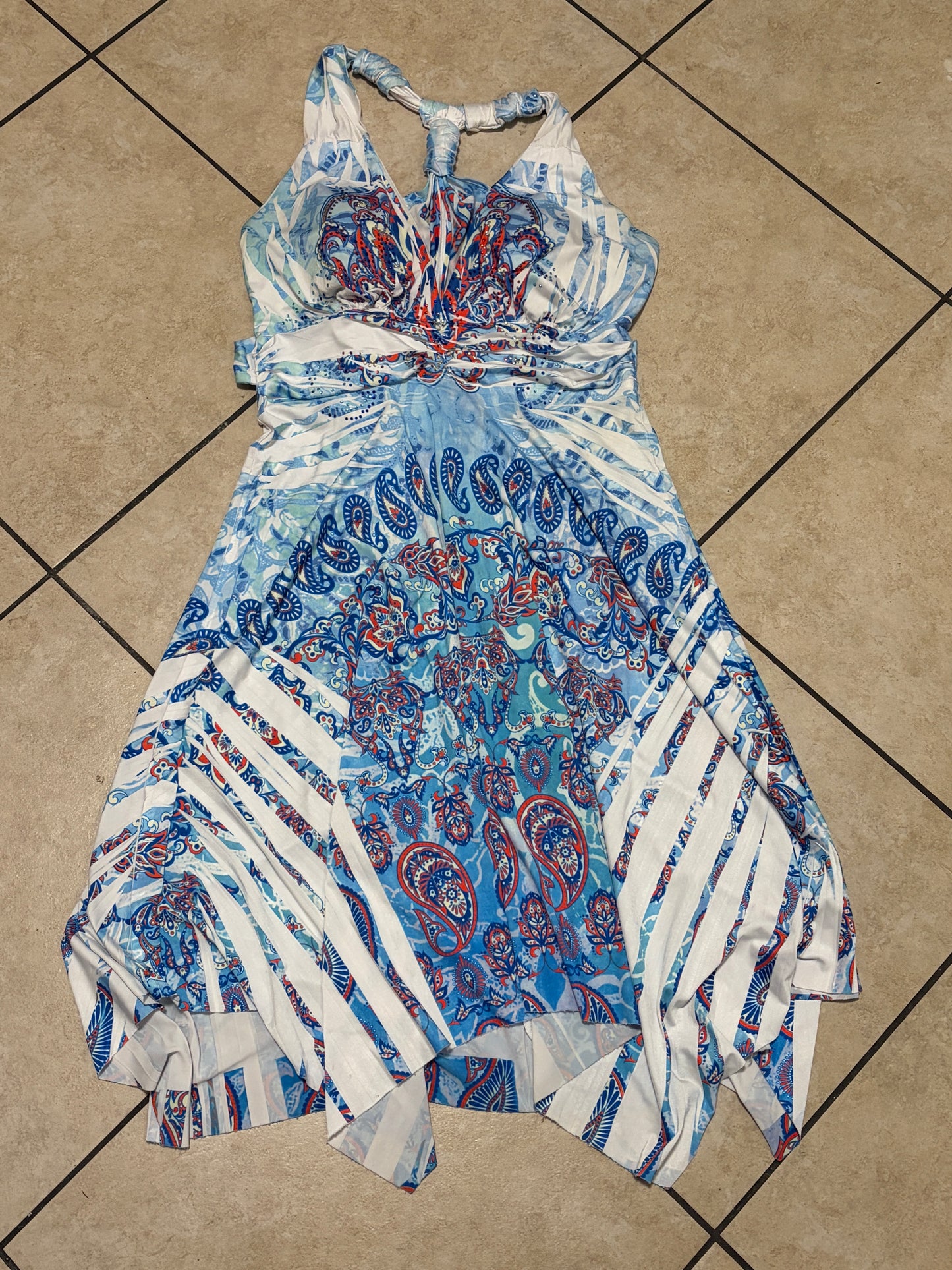 Camilla USA Boho Paisley Halter Dress Handkerchief Hem Y2K Resort Cruise M/L