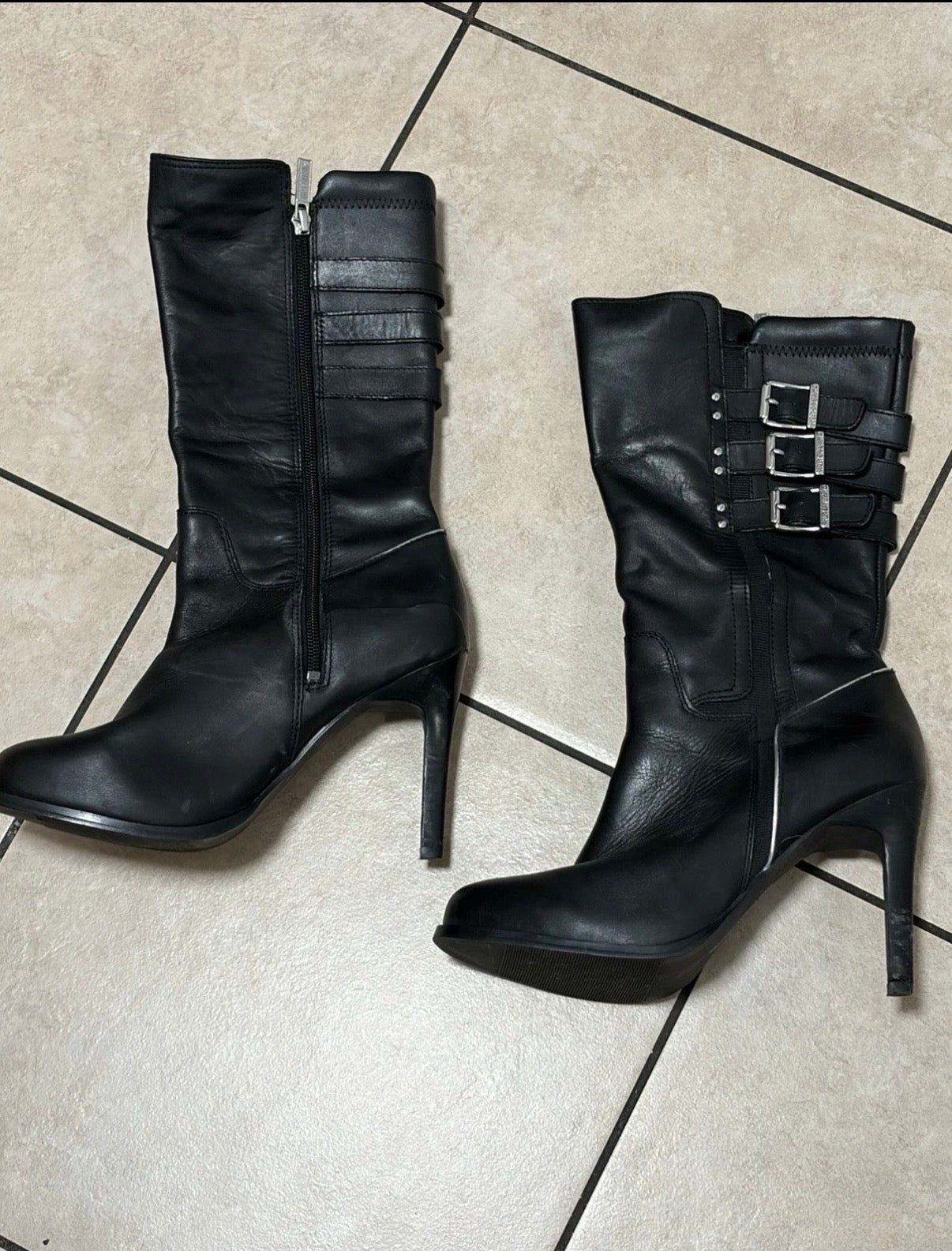 Harley Davidson Women’s Black Leather Heeled Moto Boots Triple Buckle Zip Sz 7.5