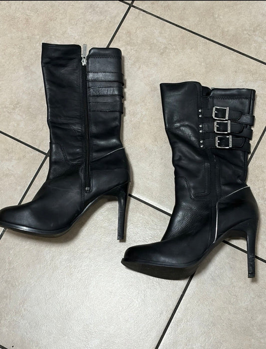 Harley Davidson Women’s Black Leather Heeled Moto Boots Triple Buckle Zip Sz 7.5