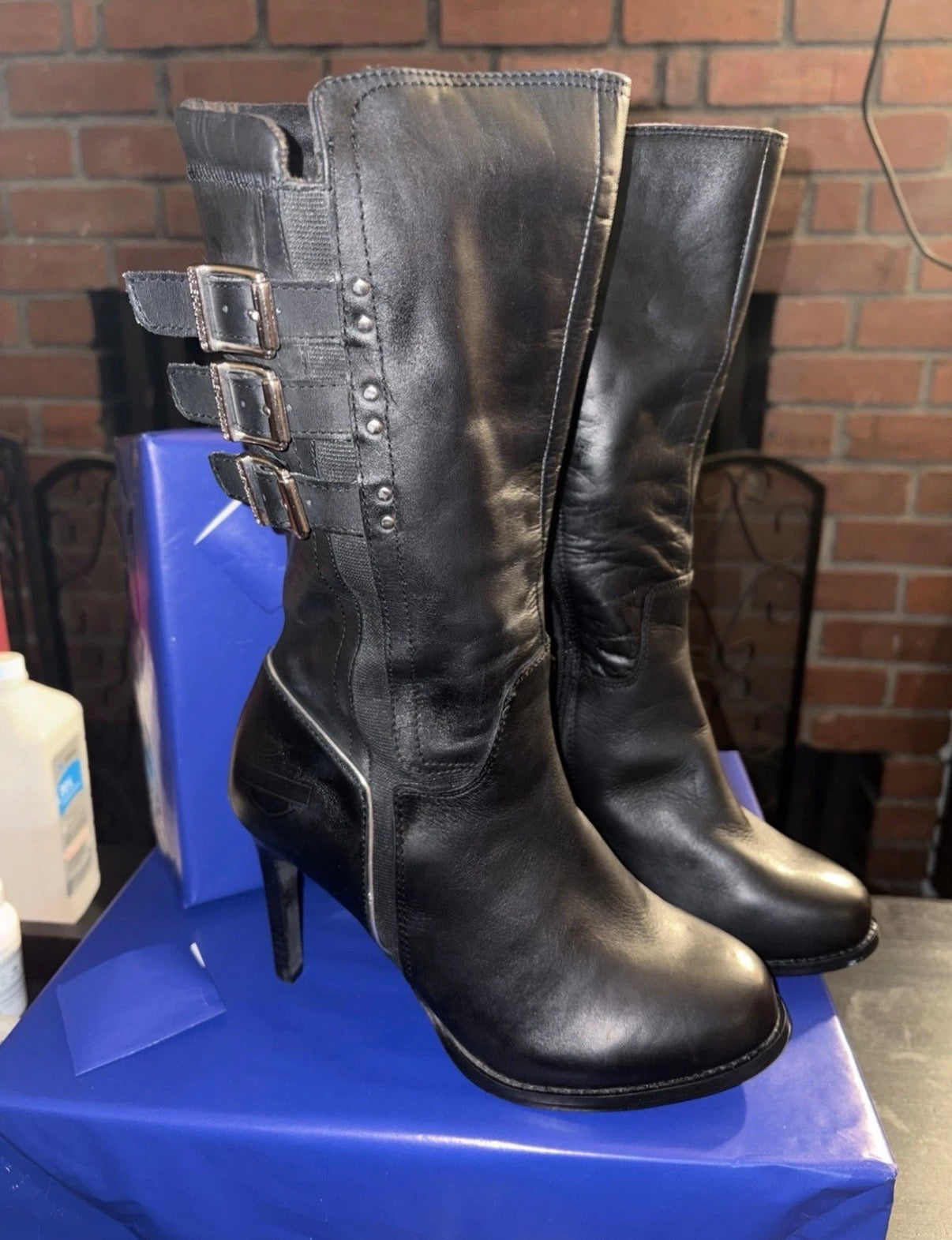 Harley Davidson Women’s Black Leather Heeled Moto Boots Triple Buckle Zip Sz 7.5