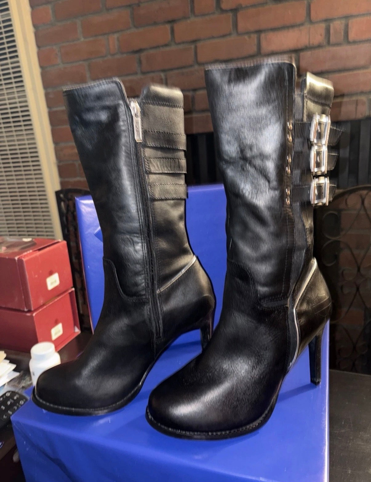 Harley Davidson Women’s Black Leather Heeled Moto Boots Triple Buckle Zip Sz 7.5