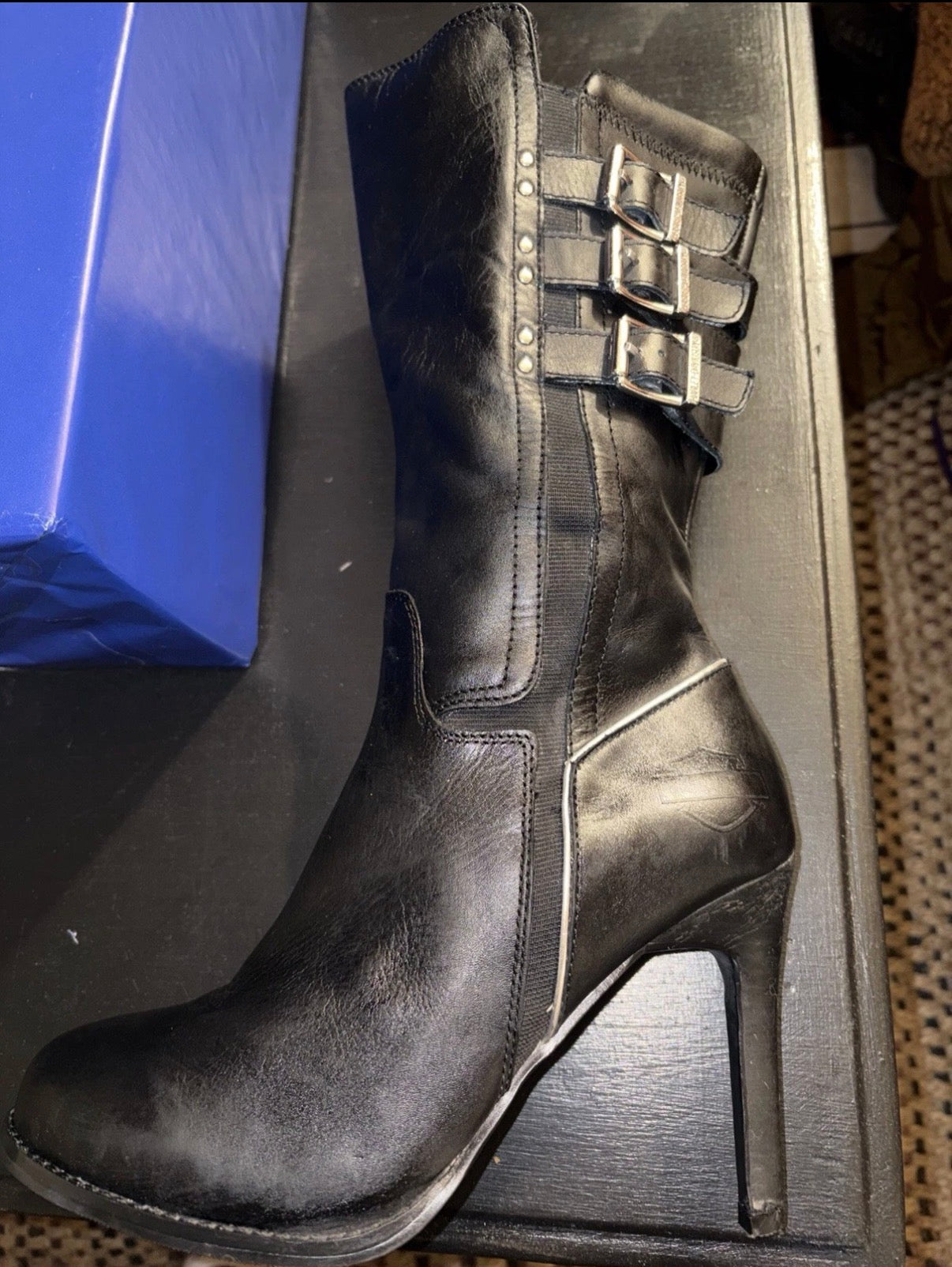 Harley Davidson Women’s Black Leather Heeled Moto Boots Triple Buckle Zip Sz 7.5